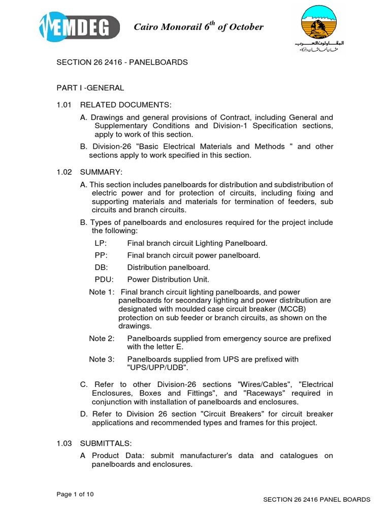 Cairo Monorail Panelboard Specifications | PDF | Electrical Wiring ...