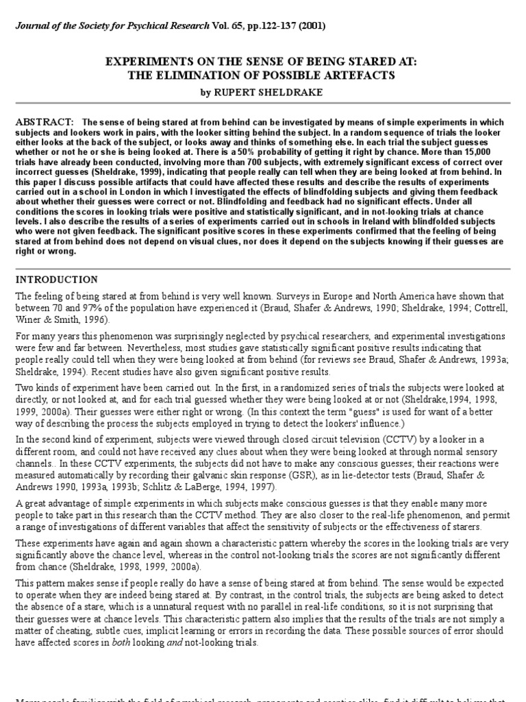 Rupert Sheldrake Sense of Being Stared at PDF Experiment P Value