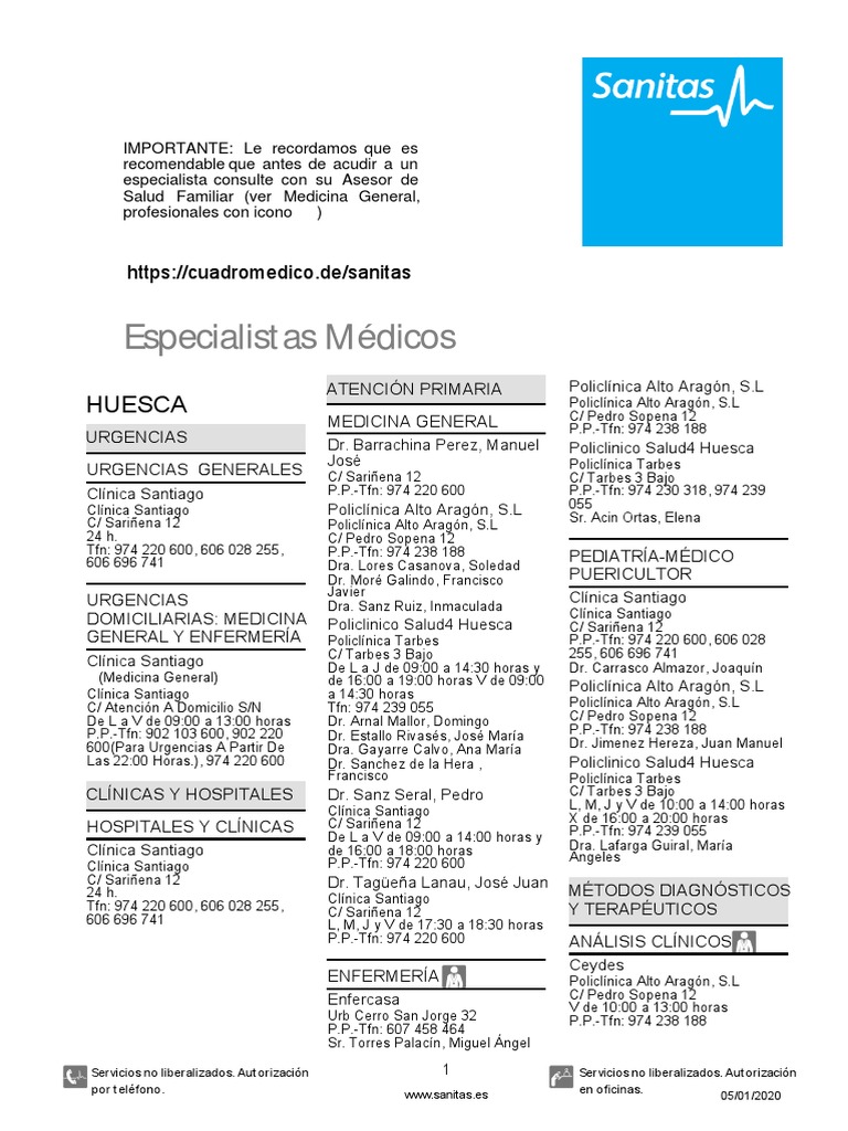 Cuadro Médico Sanitas Zaragoza | PDF | Medicina CLINICA | Cuidado de la  salud