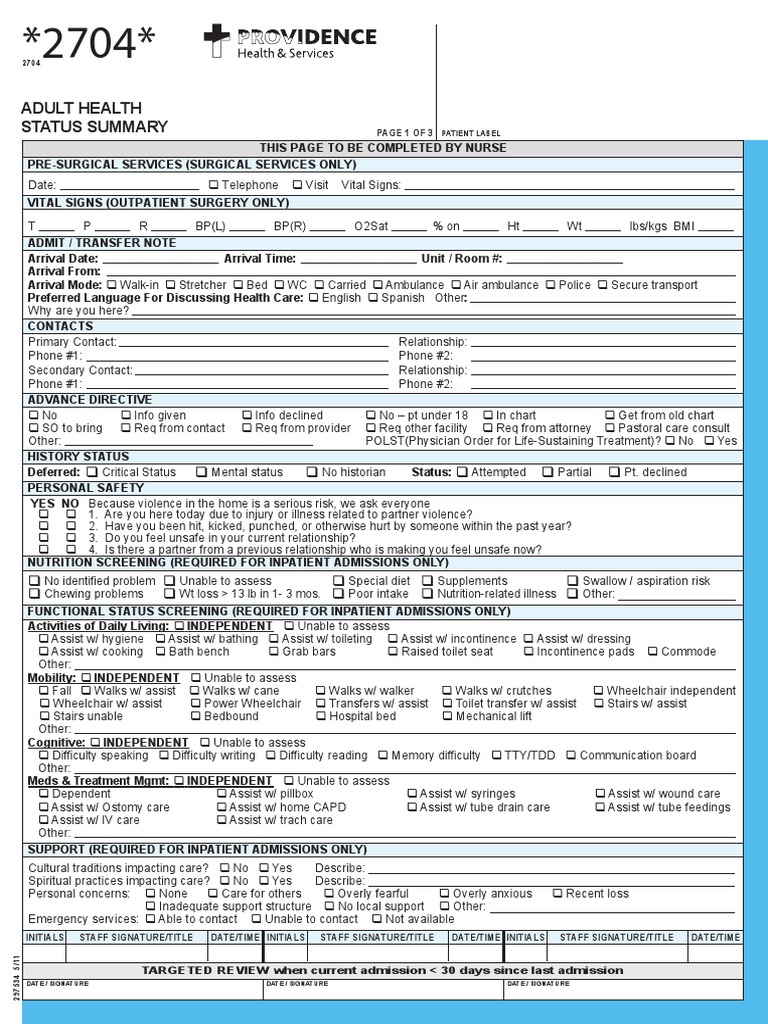 Adult Health Status Summary Form | PDF | Chronic Obstructive Pulmonary ...