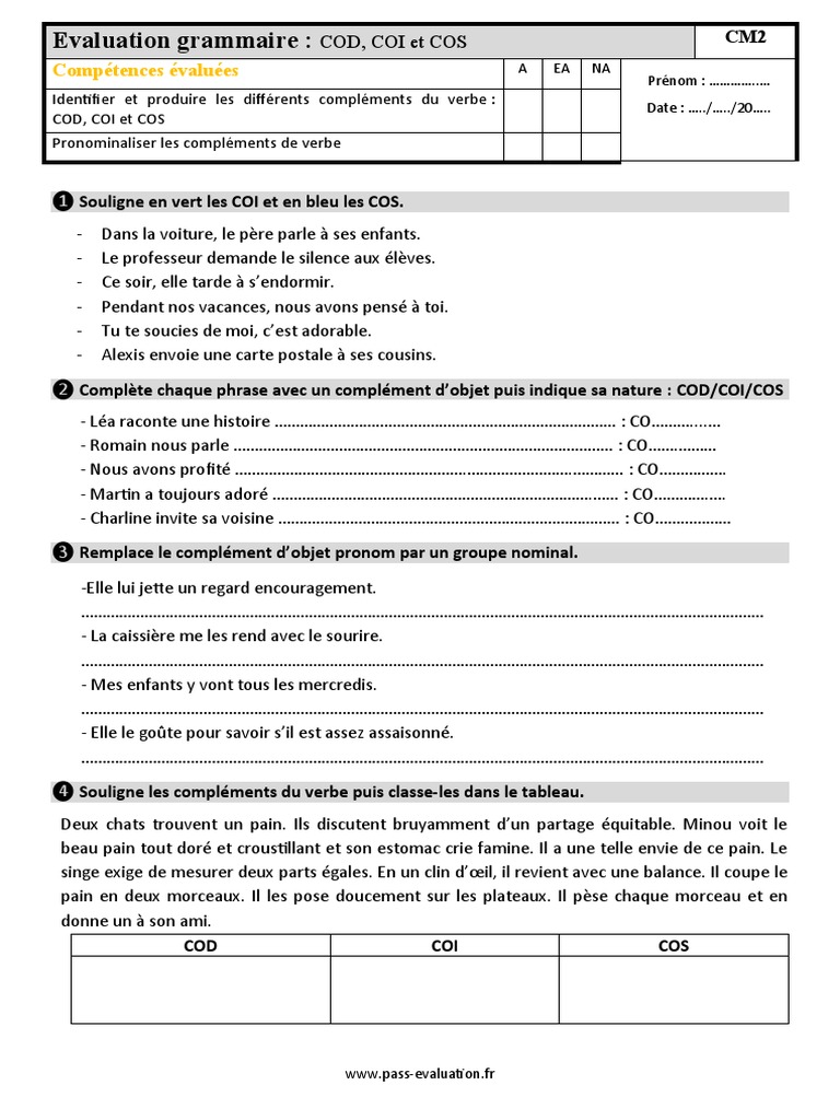 Cod Coi Cm2 Évaluation Bilan Sur Le COD COI COS Au Cm2 | PDF