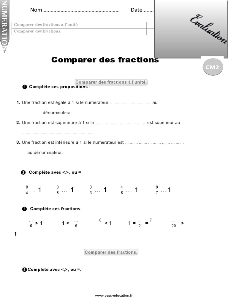 Exercices Fractions Cm2 Avec Corrigés Pdf Gratuit Comparer Des Fractions À L'unité CM2 Evaluation Bilan | PDF