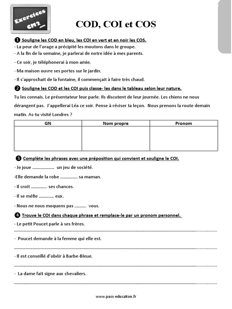 Cod Coi Cm2 Exercices Révisions Sur Le COD COI COS Au Cm2 | PDF