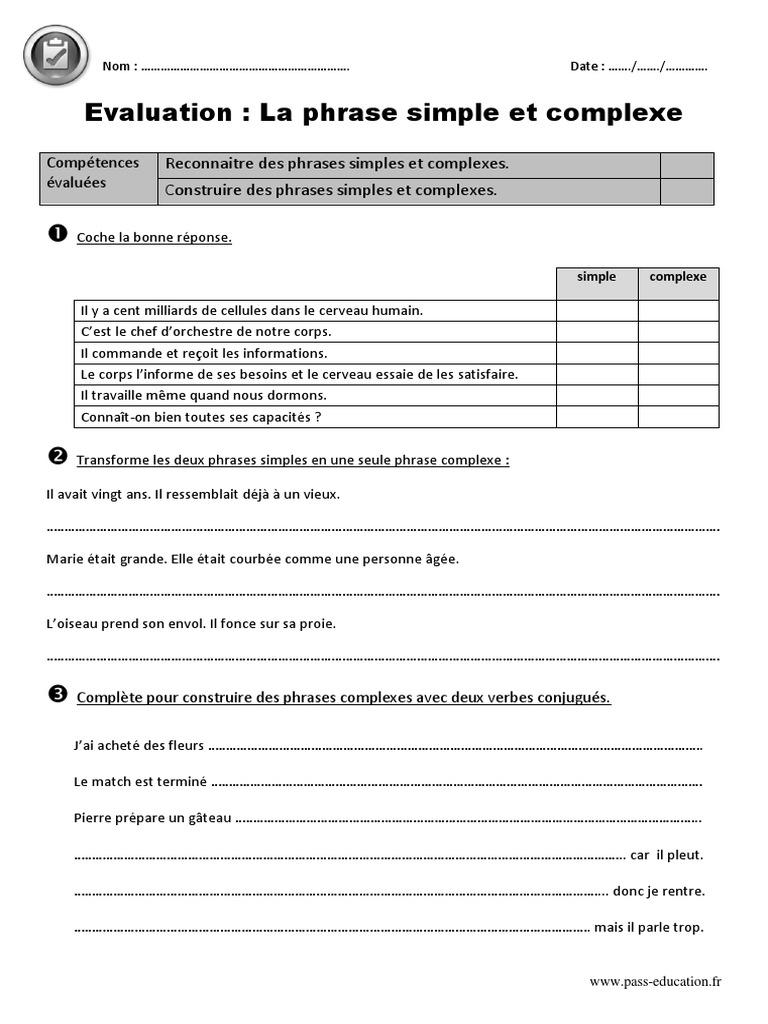 Exercices Phrases Simples Et Complexes 6ème Pdf