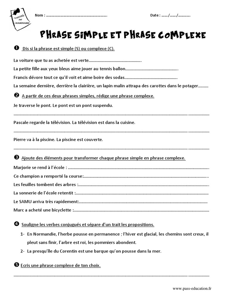 Exercice Les Types De Phrases Cm2 Phrase Simple Et Complexe Cm2 Exercices PDF | PDF