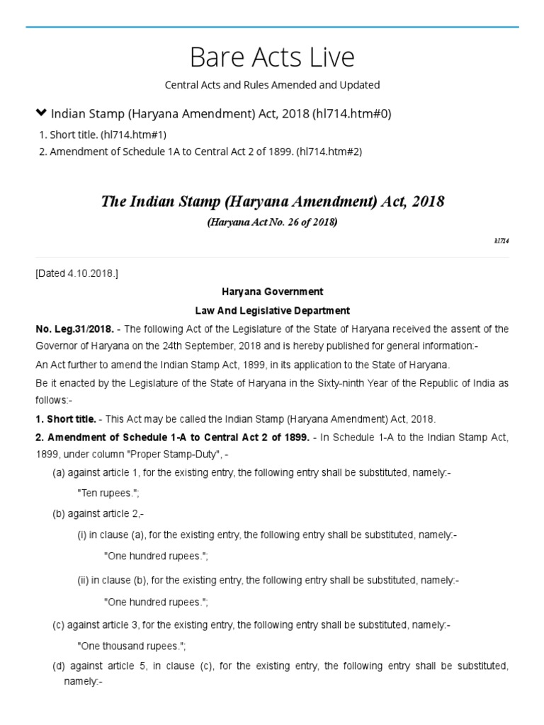 Indian Stamp (Haryana Amendment) Act, 2018 PDF PDF Constitutional