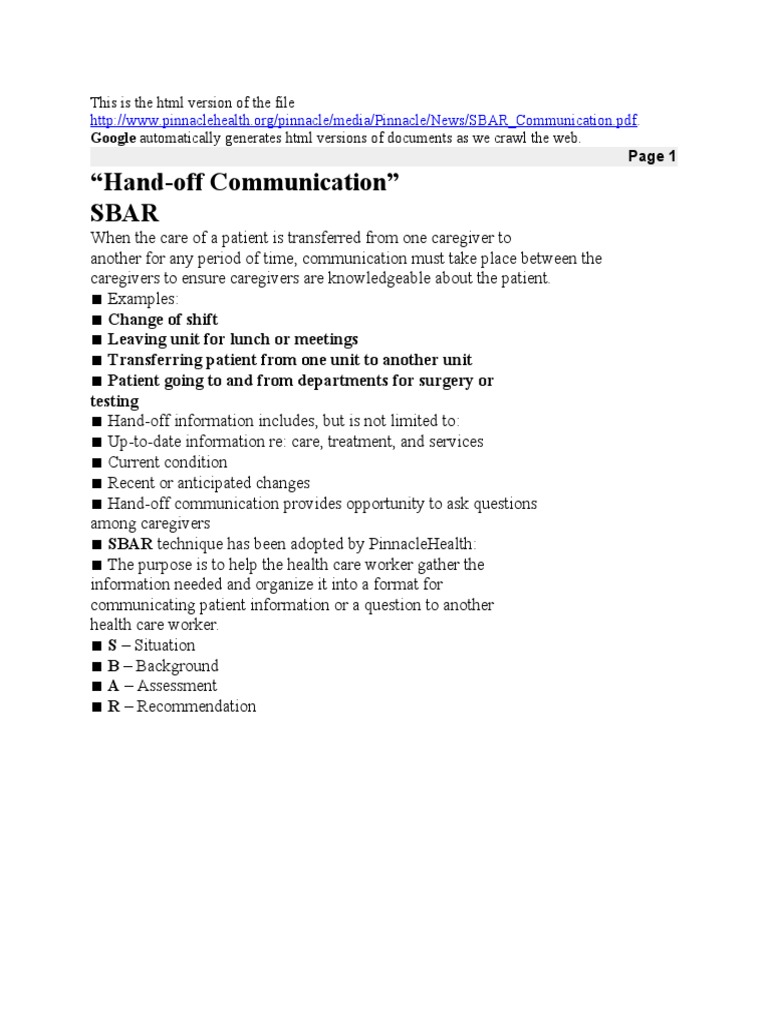 "HandOff Communication" Sbar Google Automatically Generates HTML