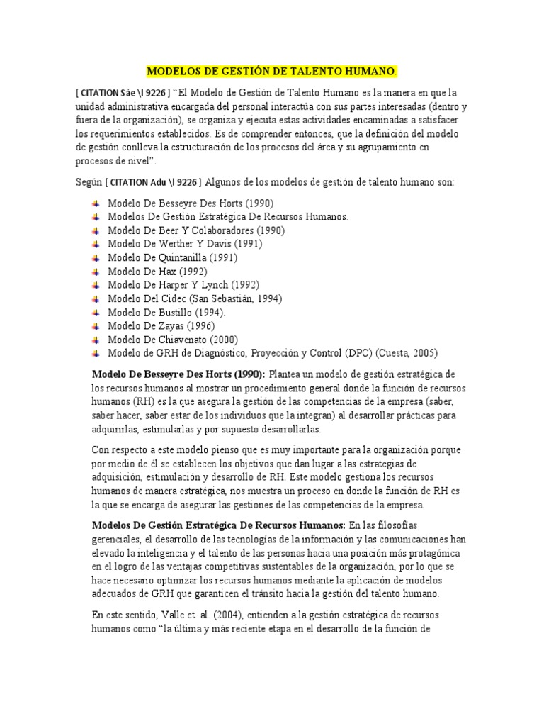 Modelos de La Gestión de Talento Humano | PDF | Gestión de recursos