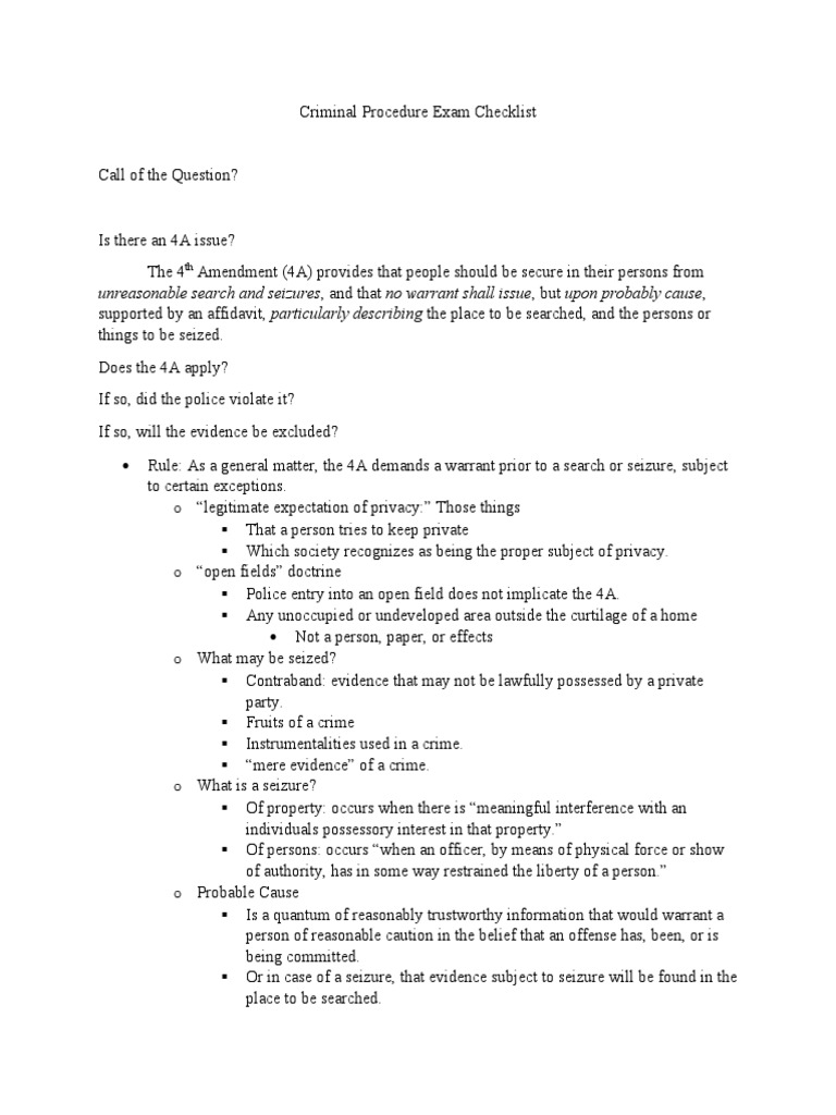 Criminal Procedure Exam Checklist | PDF | Miranda Warning | Search And ...