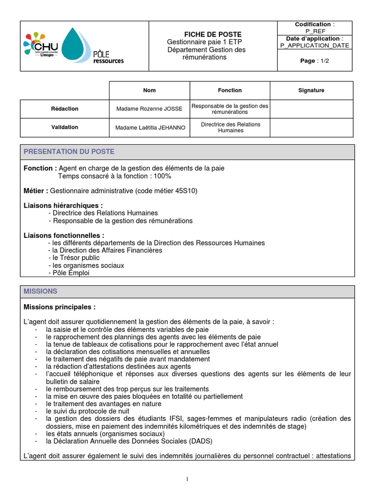 Fiche De Poste Gestionnaire De Paie Fonction Publique