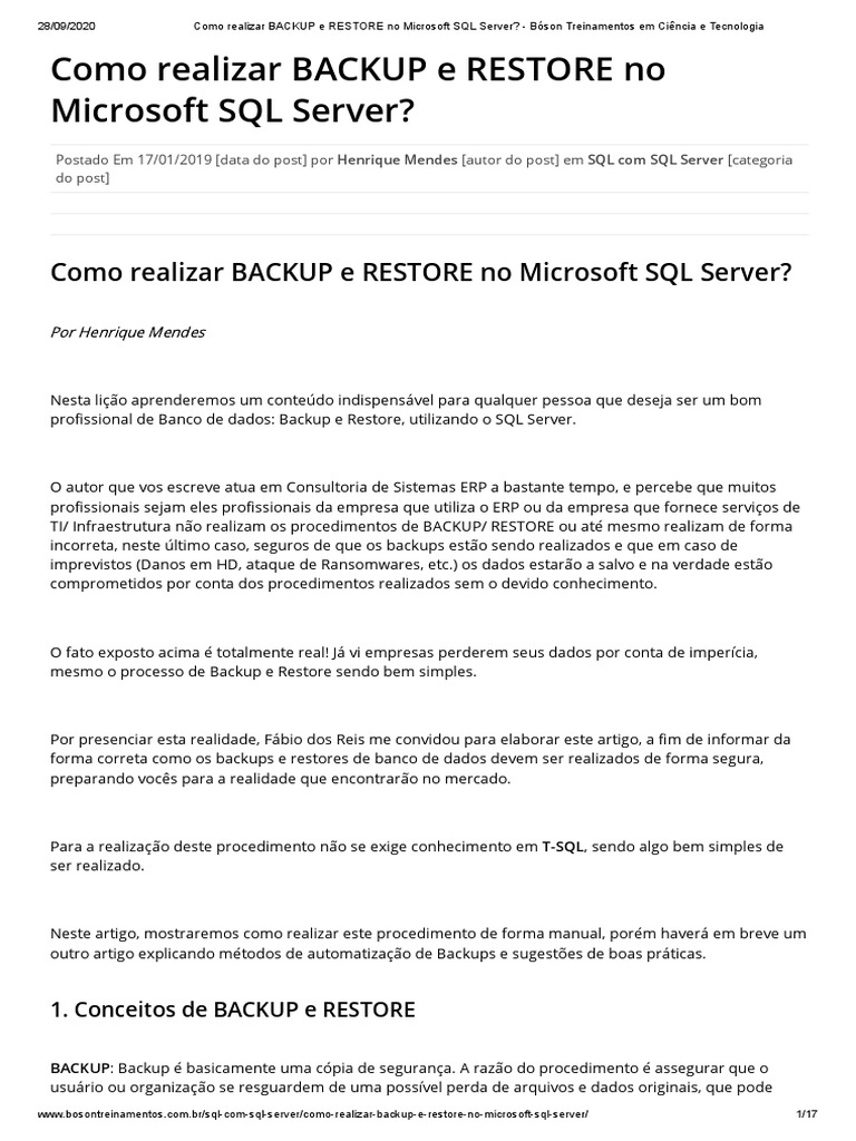 Backup e Restore no SQL Server | PDF | Cópia de segurança | Computação ...