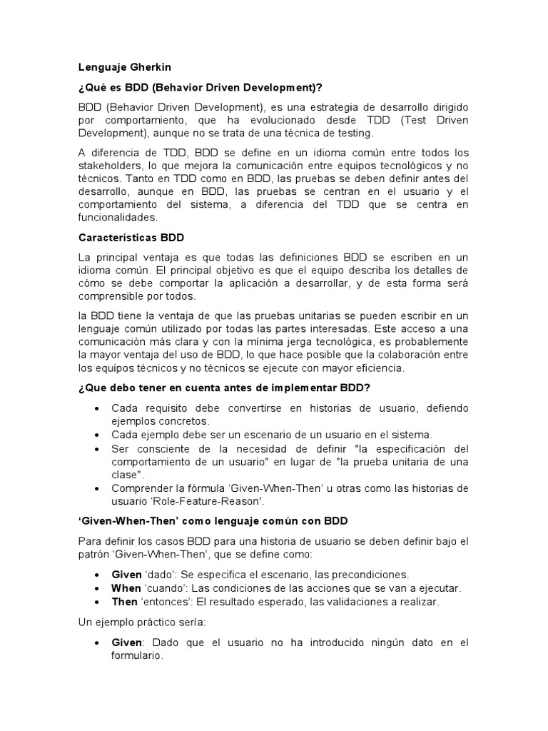Sintaxis y Ejemplos de Gherkin | PDF | Desarrollo guiado por pruebas ...