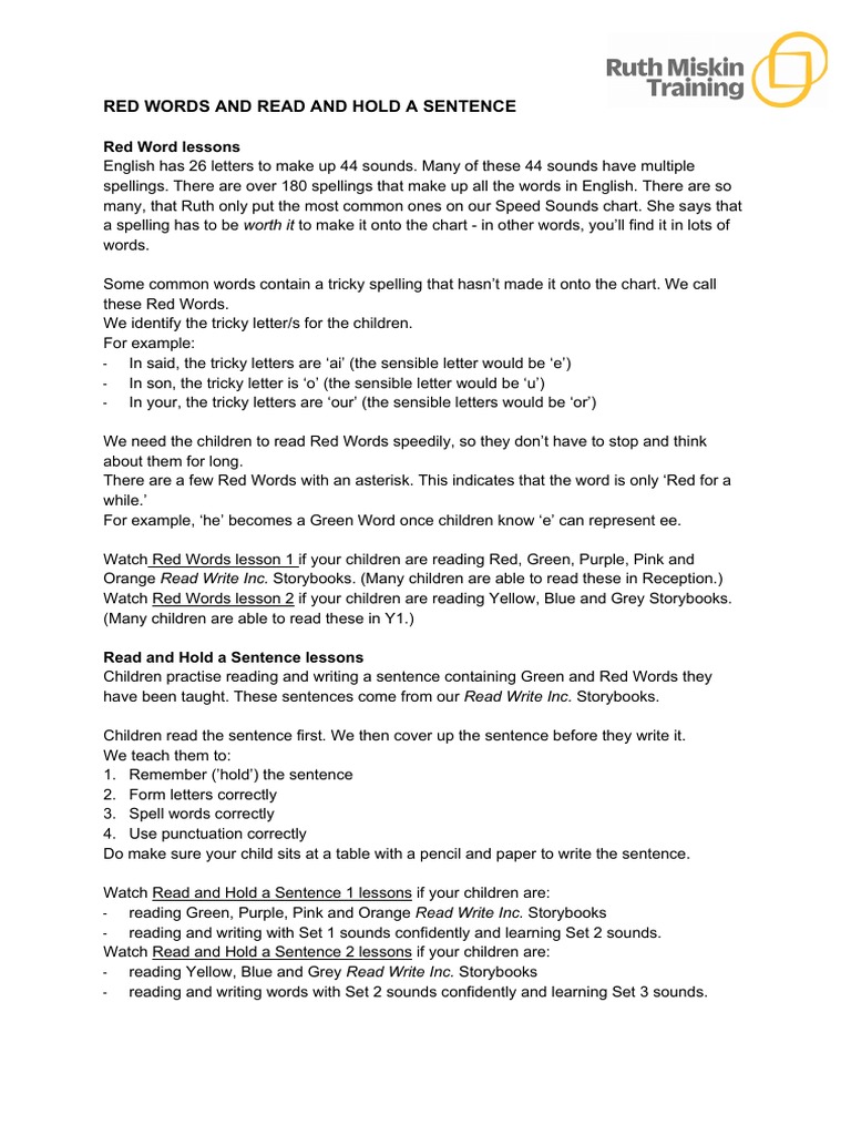 Red Words and Read and Hold A Sentence | PDF | Career & Growth ...