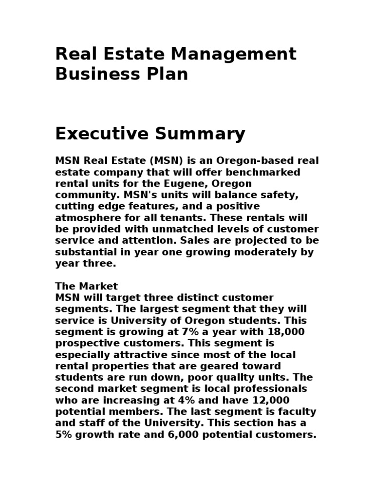 Real Estate Management Business Plan PDF Renting Market Segmentation
