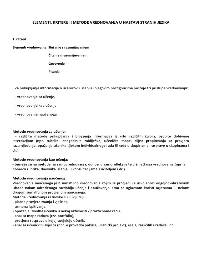 Elementi Kriteriji I Metode Vrednovanja U Nastavi Stranih Jezika | PDF