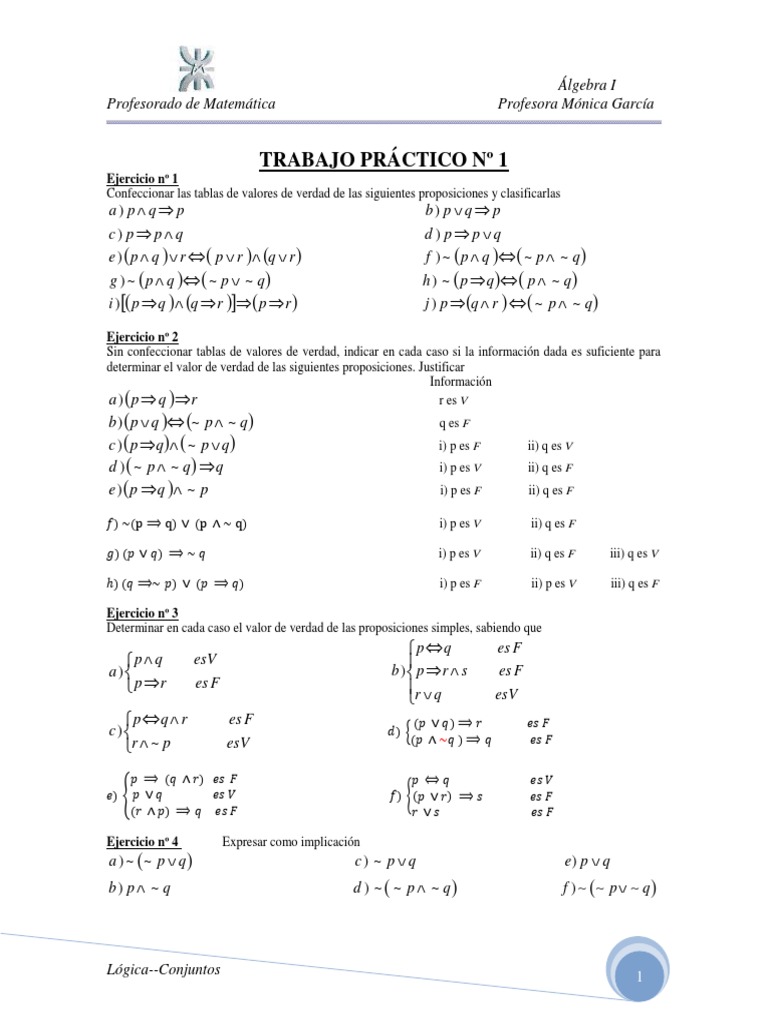 Tp 1 Logica Y Conjuntos Pdf Pdf Proposicion Logica Matematica