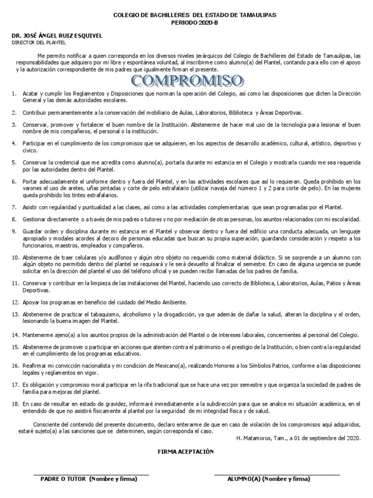 Reglamento y Carta Compromiso Final 2020 B para Alumno PDF | PDF