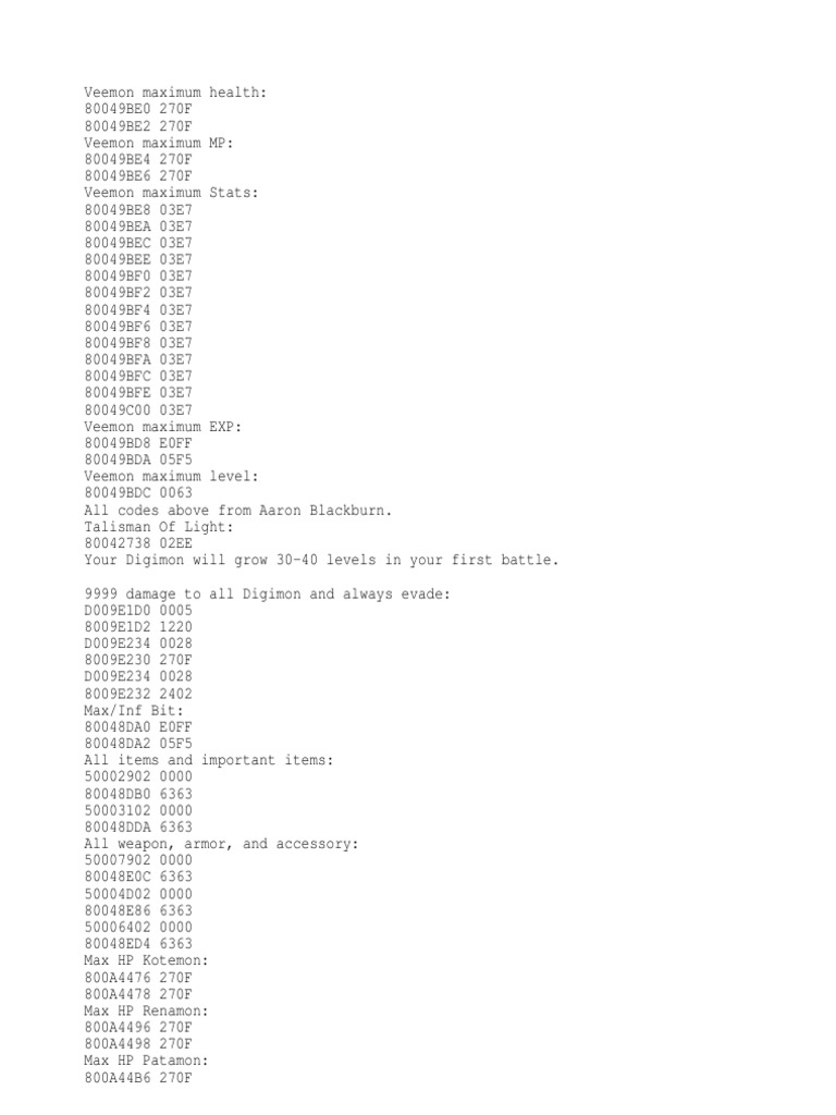 Digimon World 3 Gameshark PDF Leisure