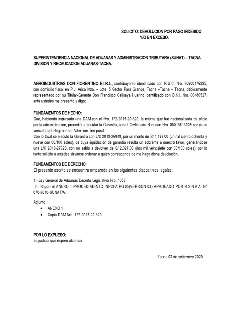Solicitud de Devolución SUNAT Tacna | PDF | Finanzas y dinero | Derecho