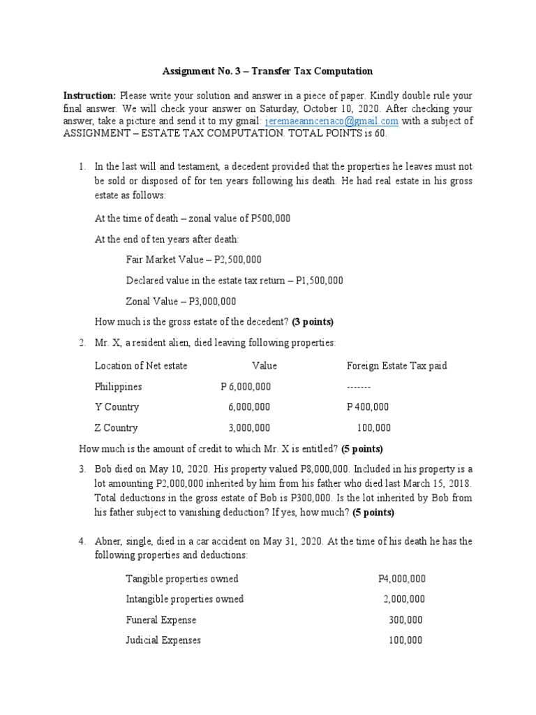 Transfer Tax Computation Guide | PDF | Tax Deduction | Estate Tax In ...