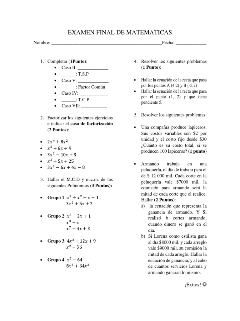Examen Final de Matemáticas | PDF | Factorización | Análisis matemático