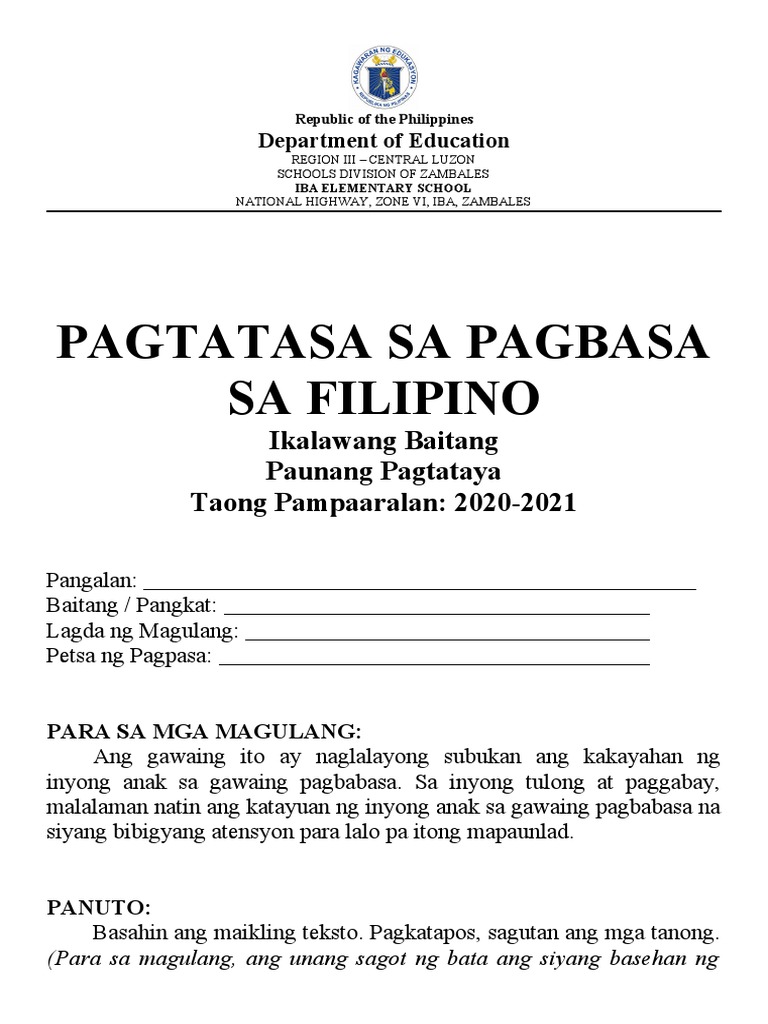 G2 Filipino Reading Assessment Pretest Pdf