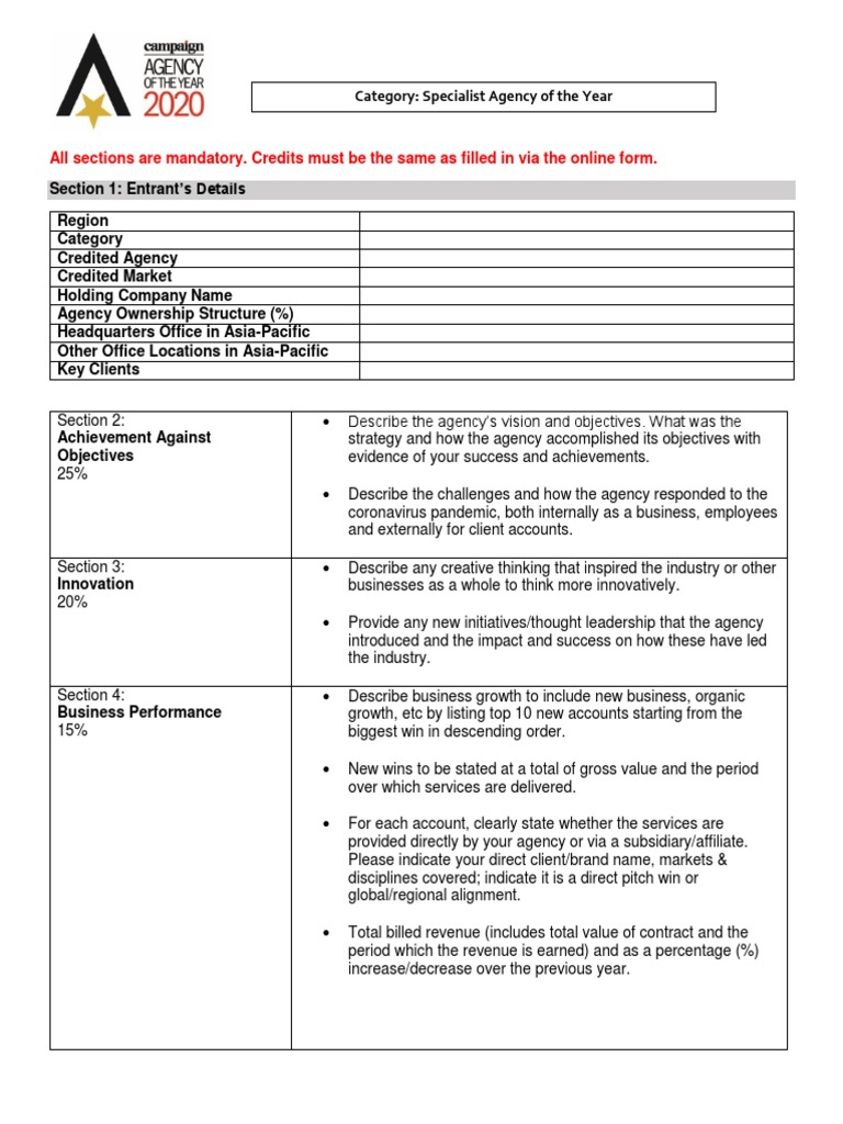Specialist Agency of the Year Entry Guide | PDF | Employee Retention ...