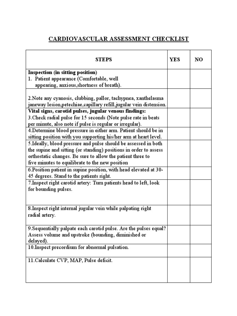 Cardiovascular Assessment Checklist PDF Pulse Cardiovascular