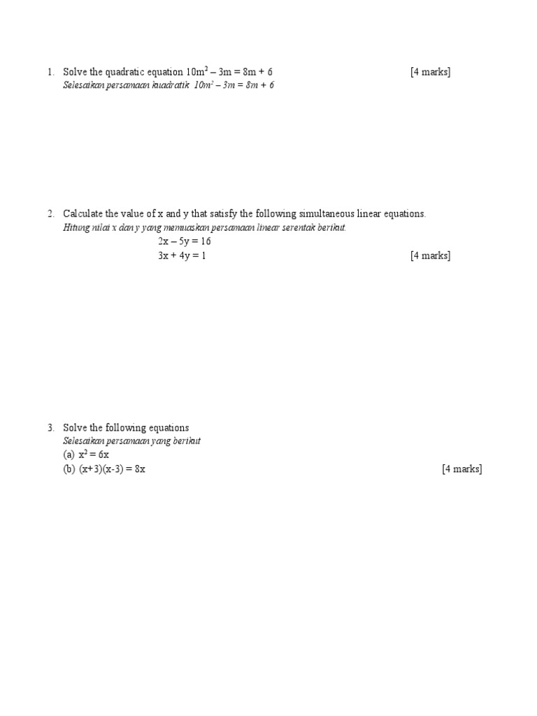 Math Exam Questions | PDF | Equations | Quadratic Equation