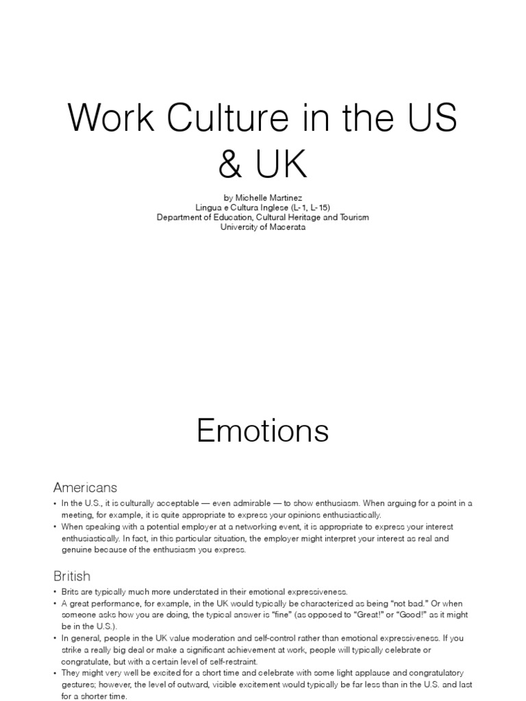 Work Culture in The US - UK | PDF | Work–Life Balance | Overtime