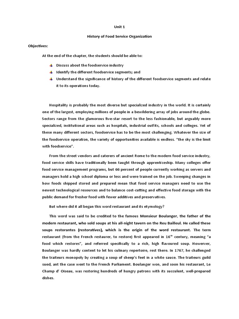 History of Food Service Organization PDF Waiting Staff Foodservice