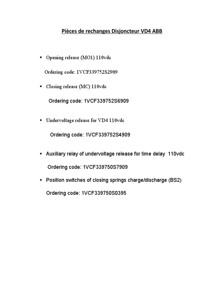 ABB VD4 Breaker Spare Parts List | PDF