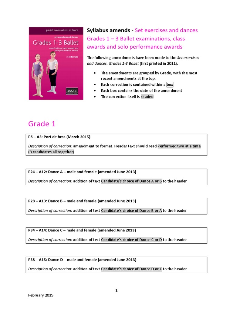 Ballet Exam Syllabus Amendments 2015 | PDF | Dance Science ...