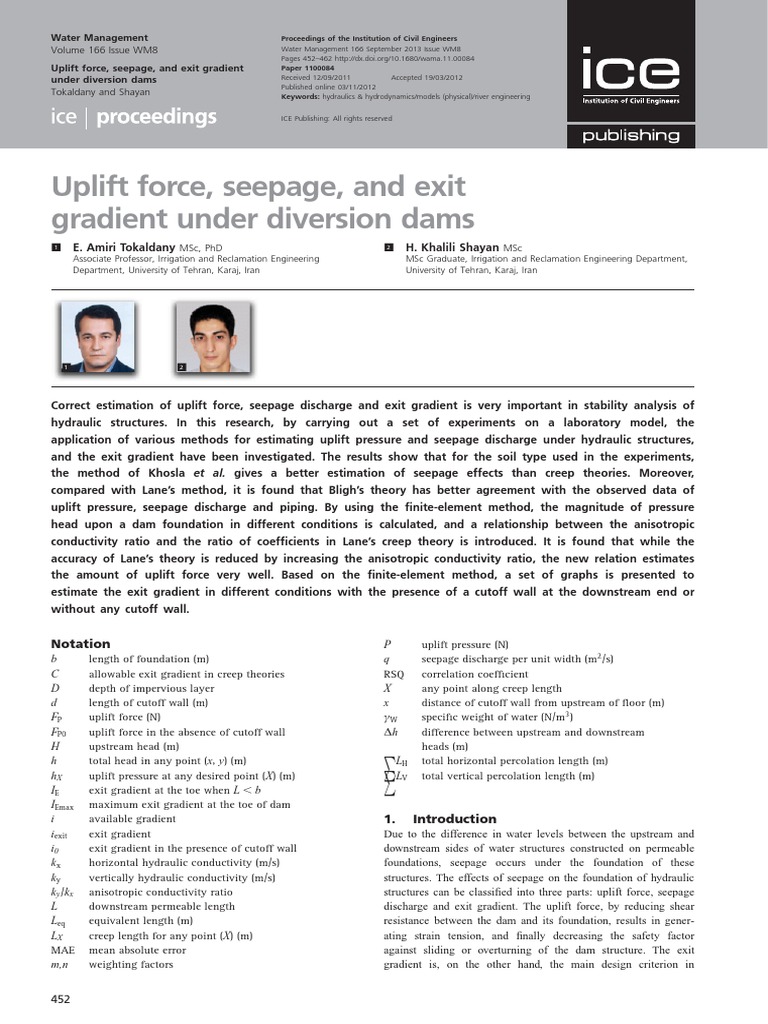 Uplift Force, Seepage, and Exit Gradient Under Diversion Dams PDF