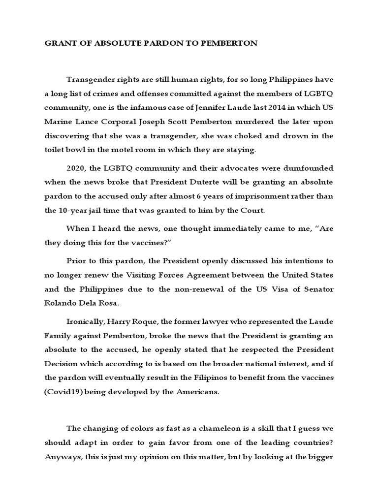 GRANT OF ABSOLUTE PARDON TO PEMBERTON Paciencia PDF Justice