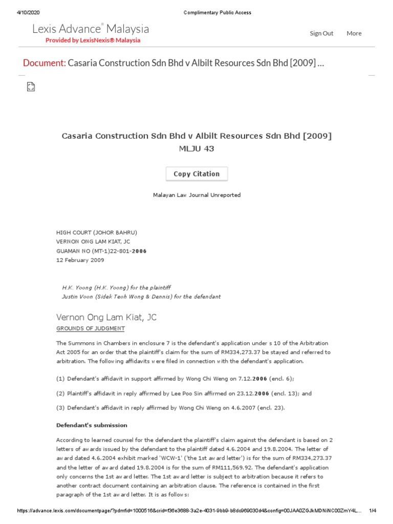Casaria Construction Sdn Bhd V Albilt Resources Sdn Bhd 2009 Mlju 43 Arbitration Legal Concepts