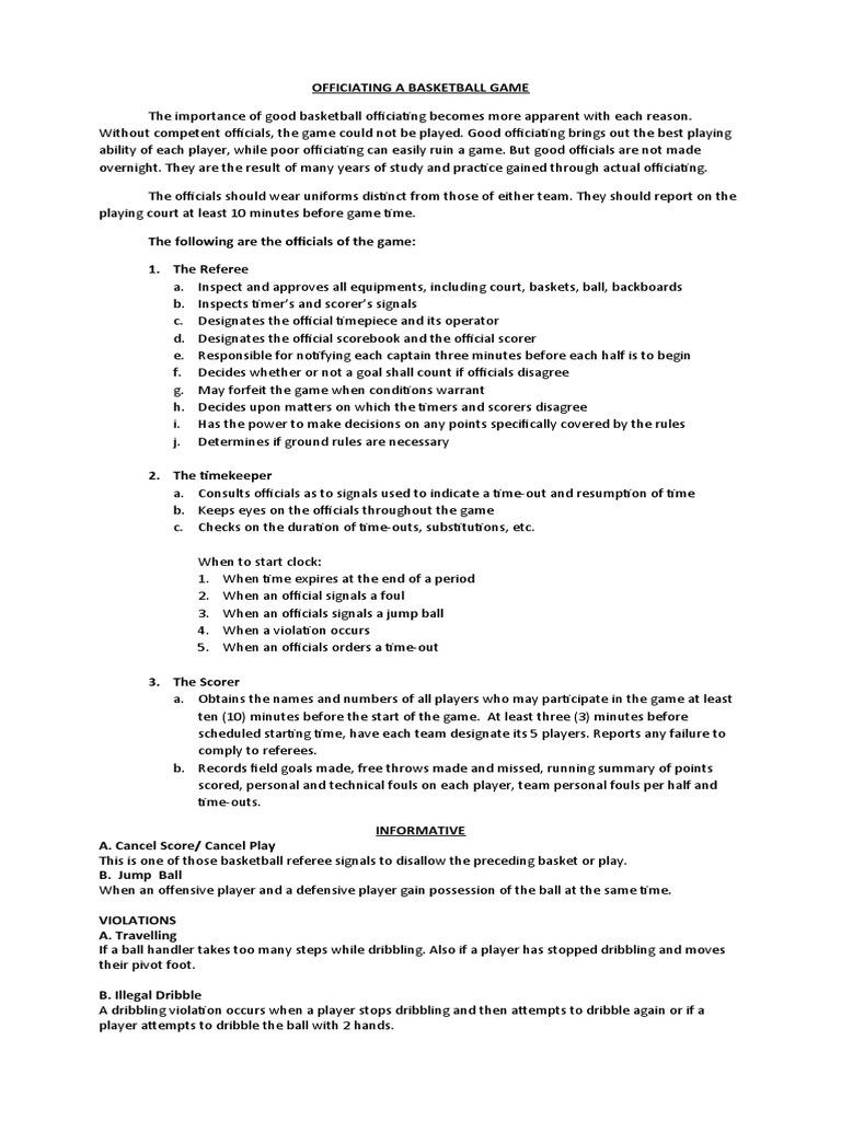 Officiating A Basketball Game Hand Outs | PDF | Games Of Physical Skill ...