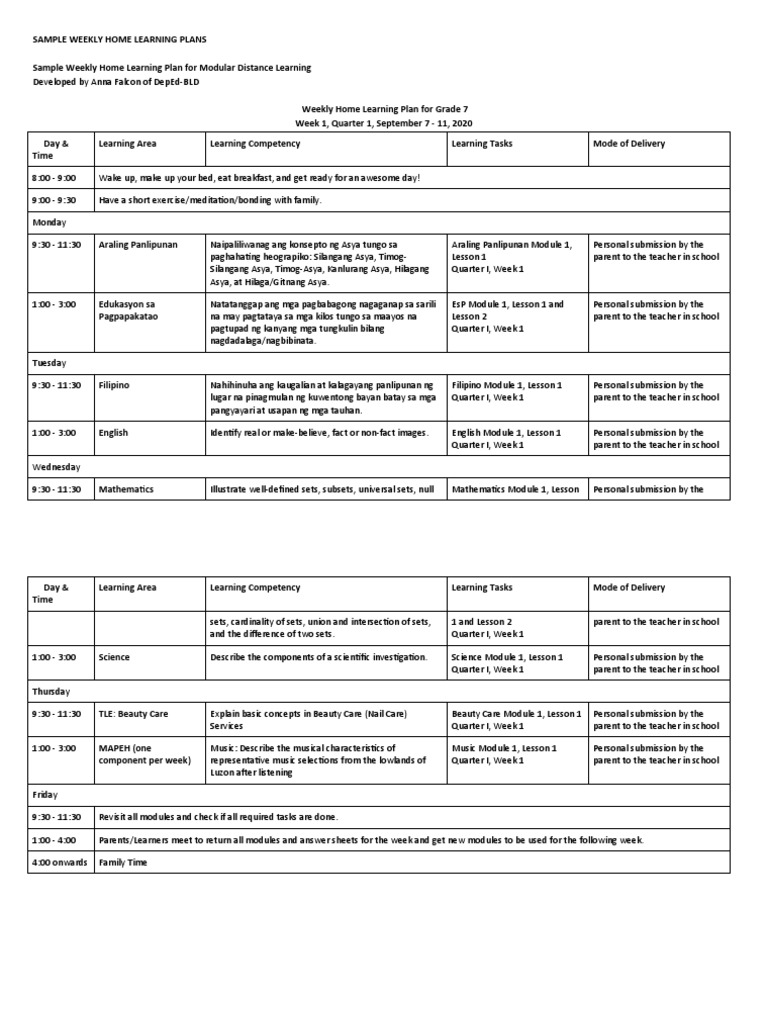 Weekly Home Learning Plan Sample | PDF | Pedagogy | Psychological Concepts