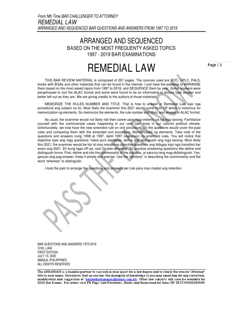 Remedial Law Bar Q&A 1997-2019 Guide | PDF | Lawsuit | Judgment (Law)