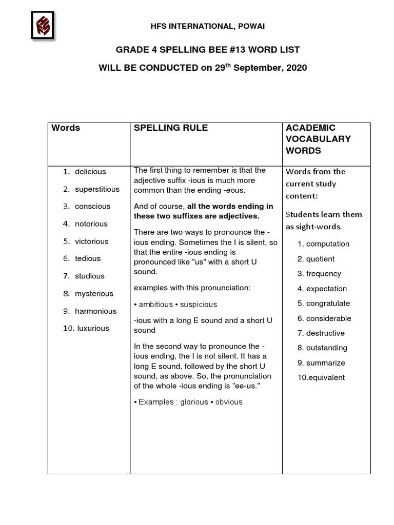 Grade 4 Spelling Bee #13 Word List Will Be Conducted On 29 September