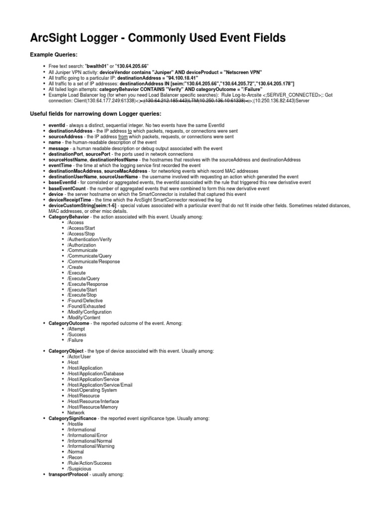 Arcsight logger commonly used event fields example queries pdf
