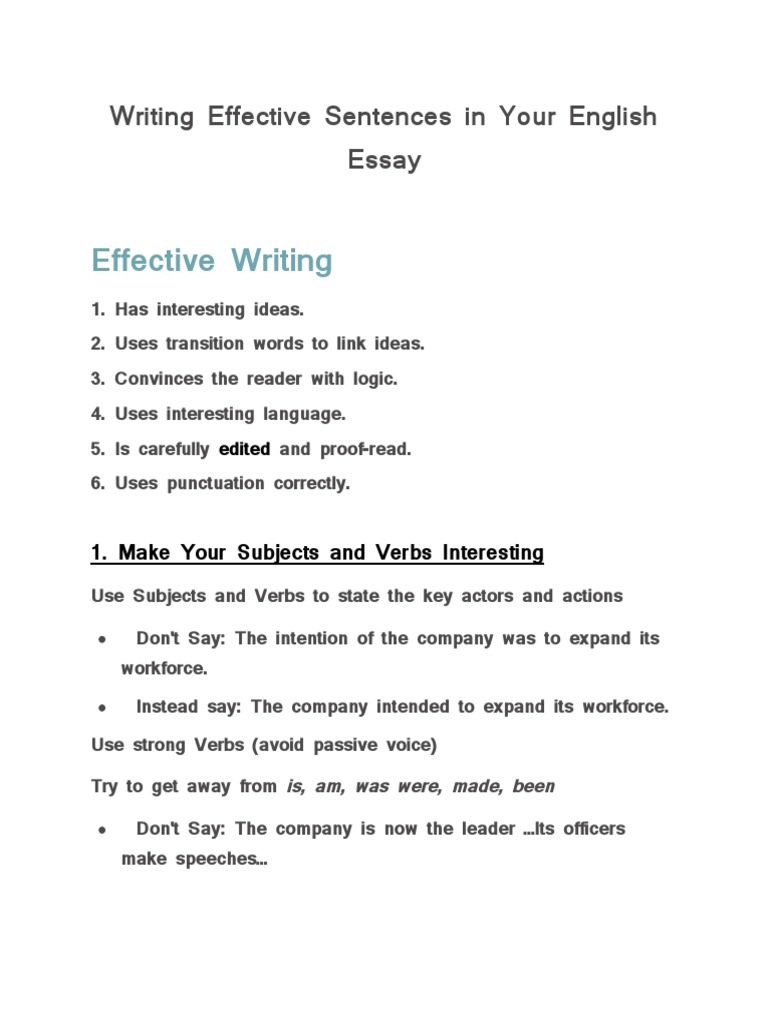 Writing Effective Sentences in Essay PDF Sentence (Linguistics) Verb