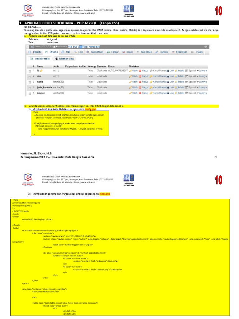 CRUD Sederhana PHP MySQLi untuk Mahasiswa | PDF