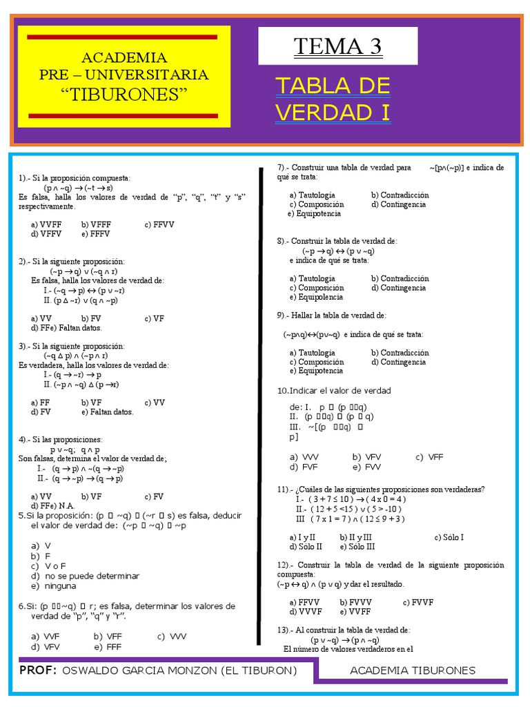 Tabla De Verdad 1 Pdf Contradiccion Proposicion