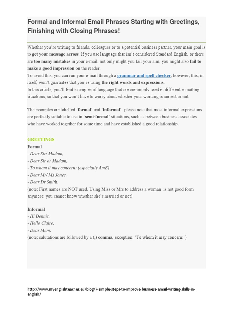 Formal and Informal Email Phrases | PDF