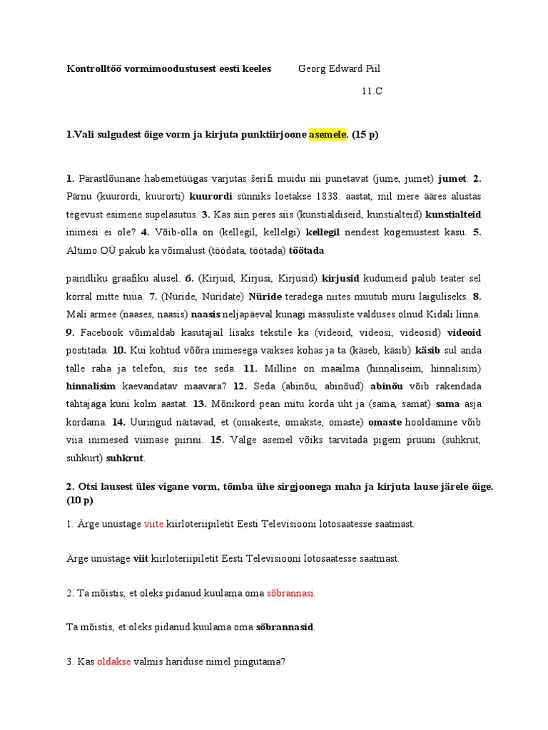 Kontrolltöö Vormimoodustusest Eesti Keeles (Oma TÄISNIMI Kirjuta Siia) PDF