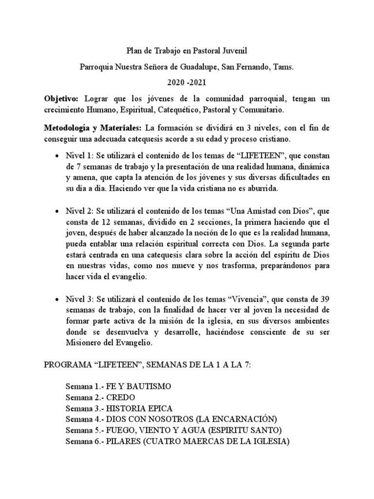 Plan de Trabajo en Pastoral Juvenil 2020 | PDF | Jesús | Comportamiento ...