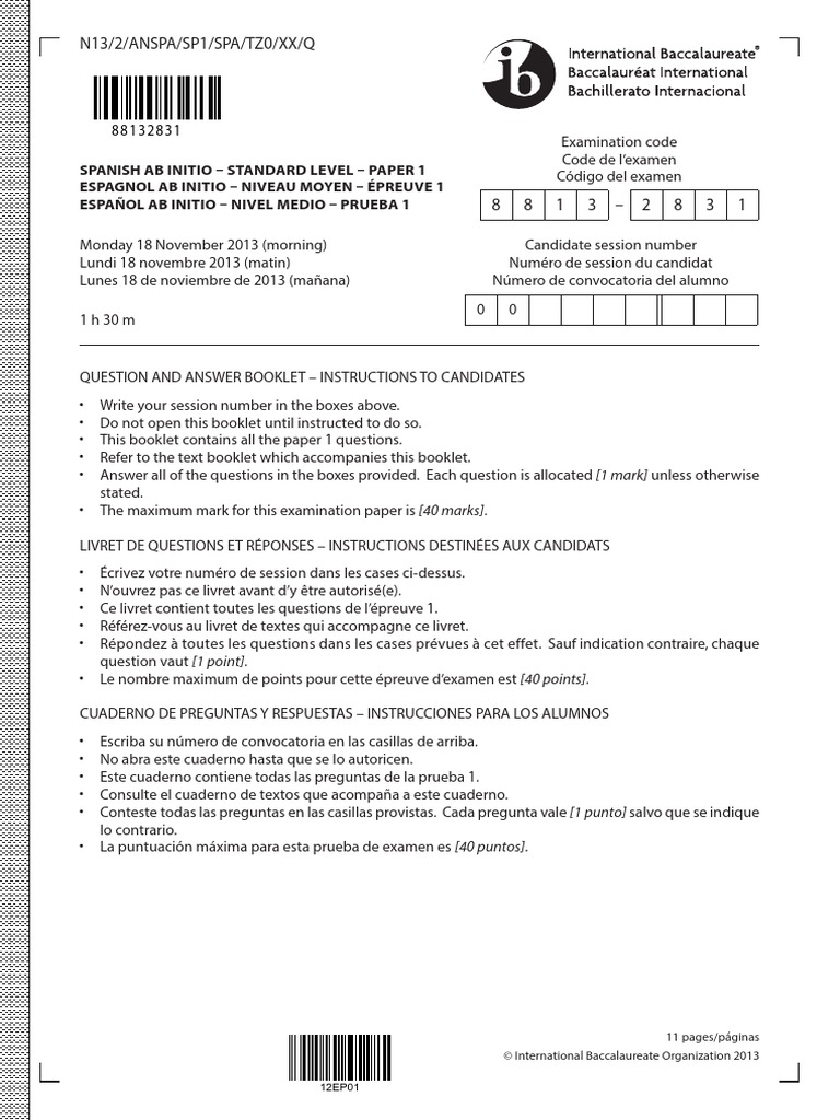 2013 Nov-Spanish Ab Initio SL Paper 1 Question Booklet PDF | PDF