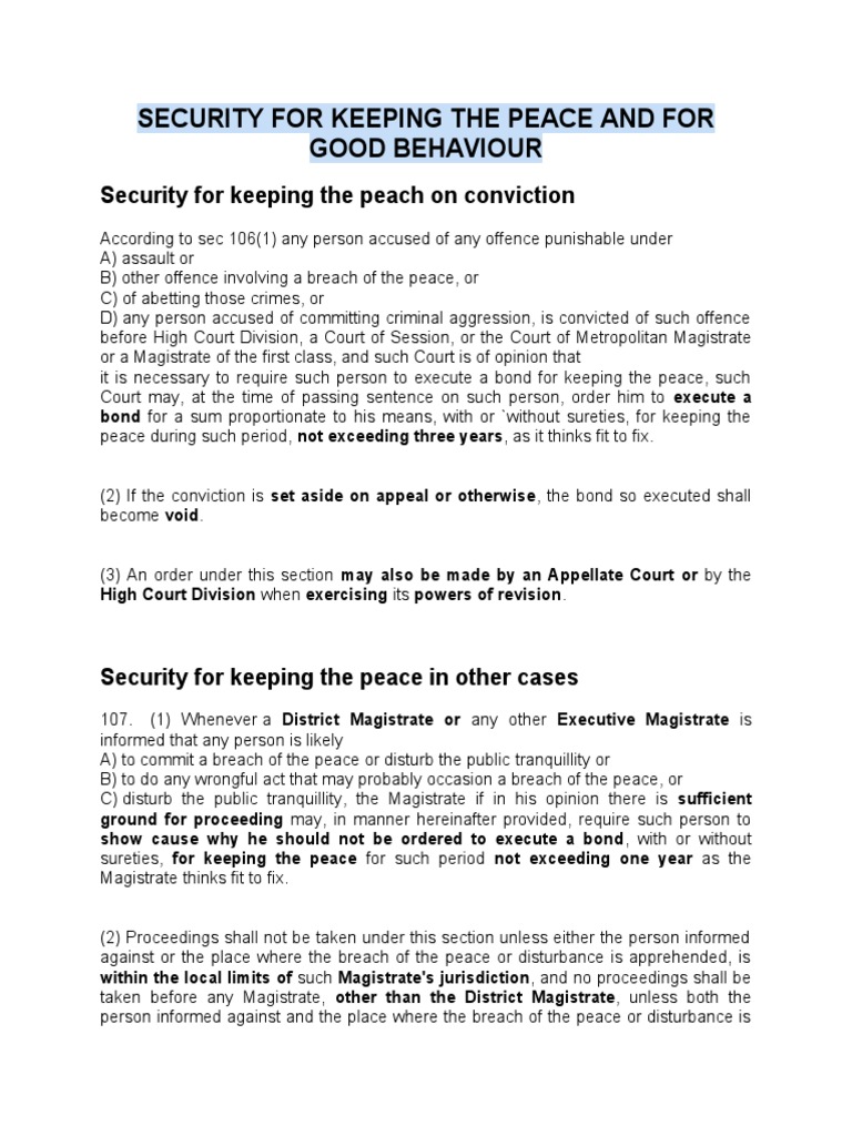 Security For Keeping Peace Good Behaviour PDF Bail Magistrate