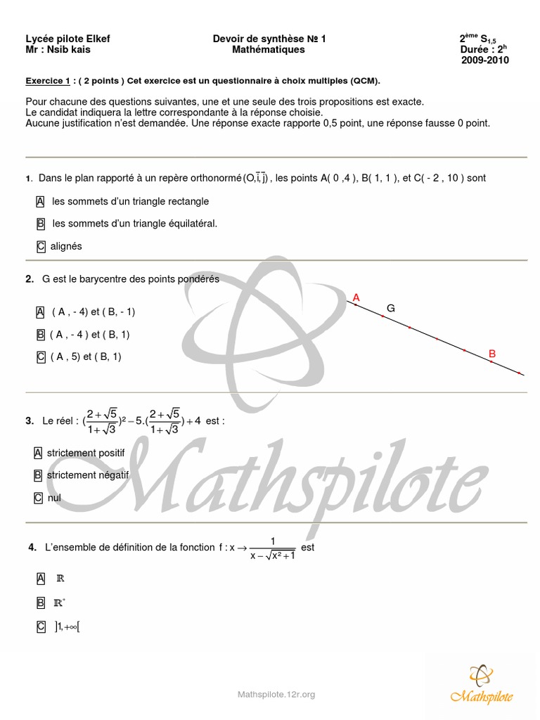 QCM Mathématiques Lycée Elkef | PDF | Concepts mathématiques ...